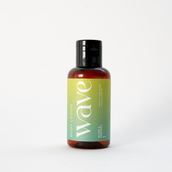 Wave Glow & Protect Body Lotion 60ml travel size on a white background, free gift