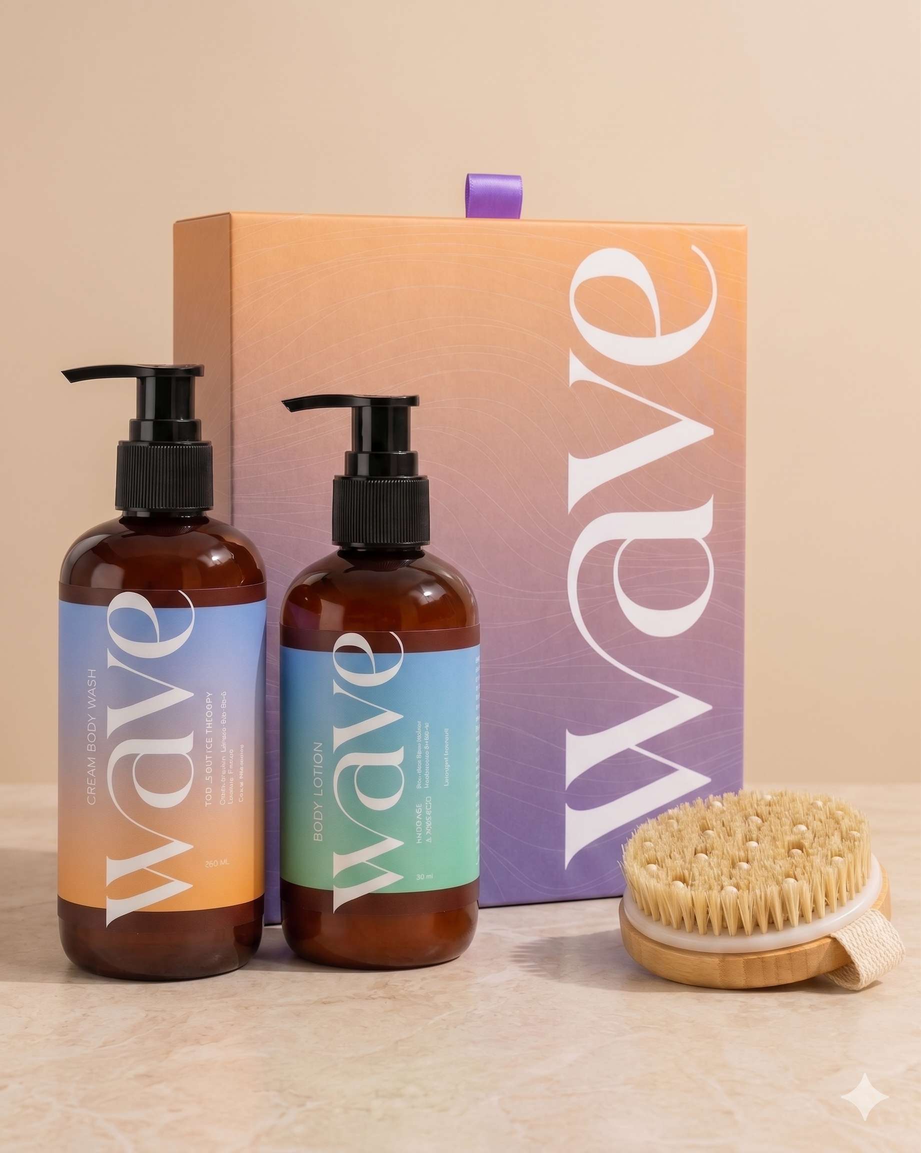 Wave of Wellness bodycare gift box with products and dry brush