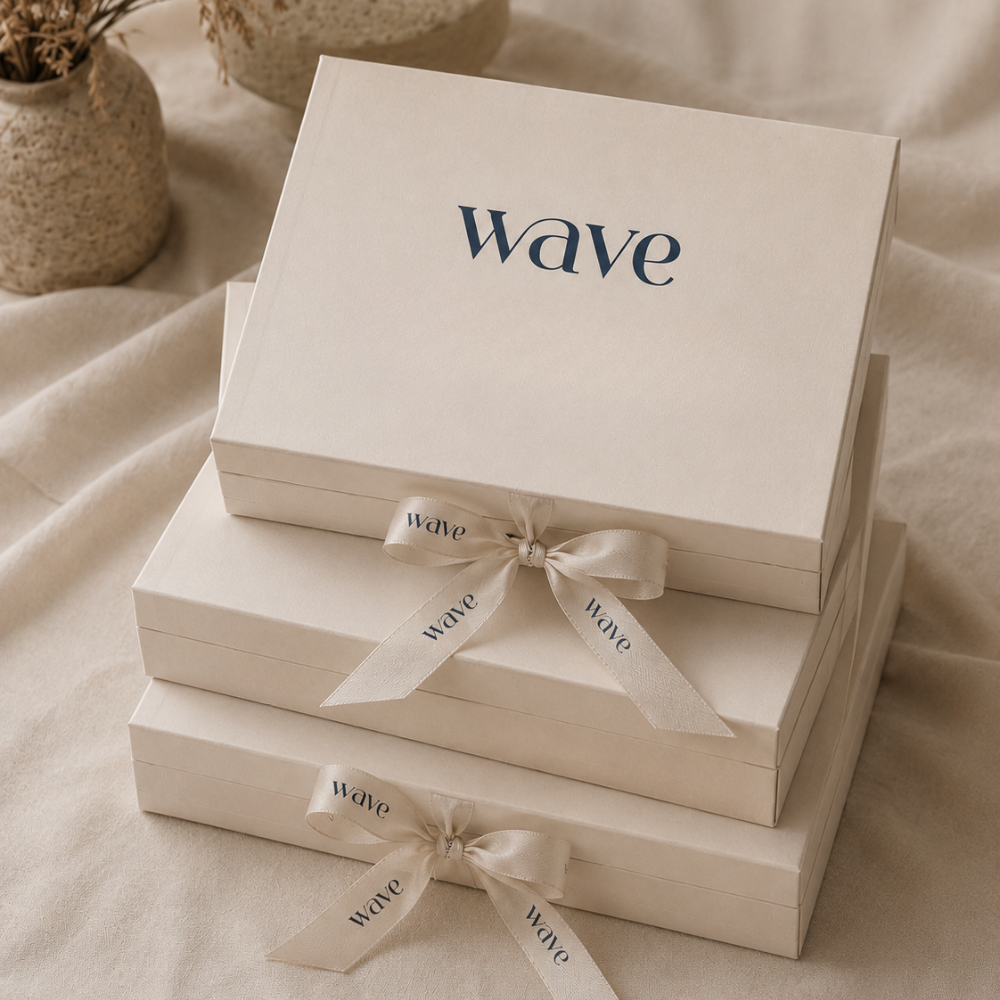 Wave cream gift boxes with branded ribbon