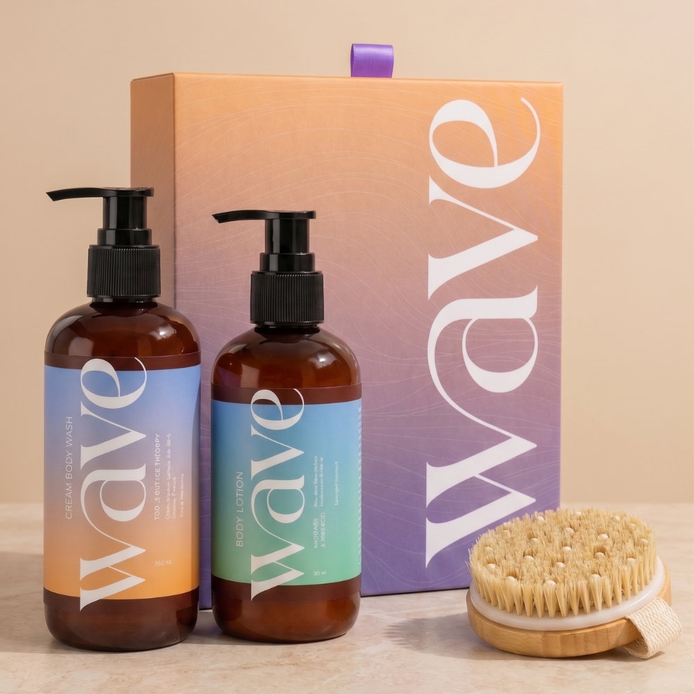 Wave export-ready bodycare products with gift box and dry brush