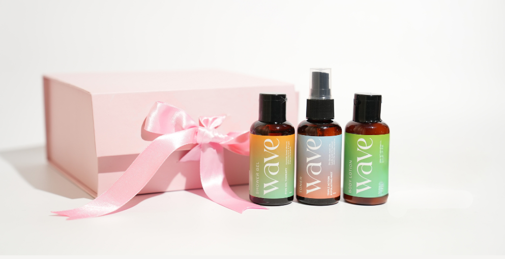 Wave bodycare minis arranged with a pink Wave gift box